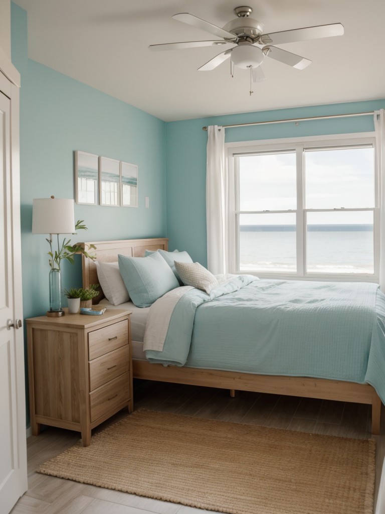 Small apartment bedroom ideas with a coastal theme, utilizing light colors, natural textures, and beach-inspired decor.