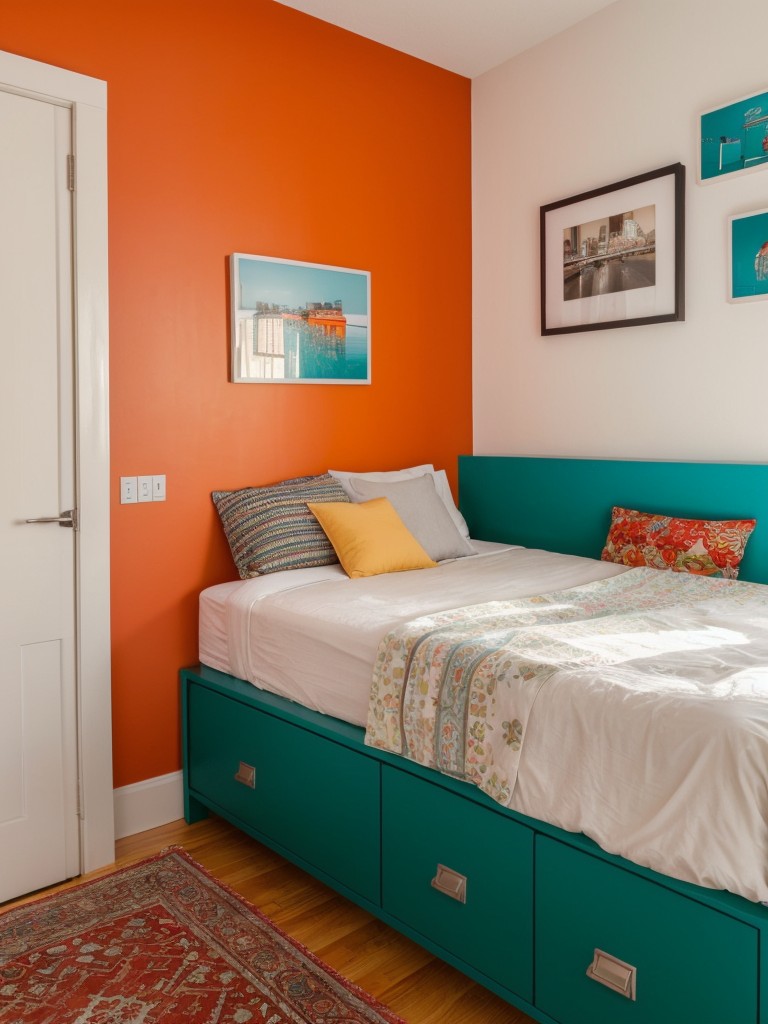 Small apartment bedroom ideas with a vibrant color palette and eclectic decor for a bold and energetic look.