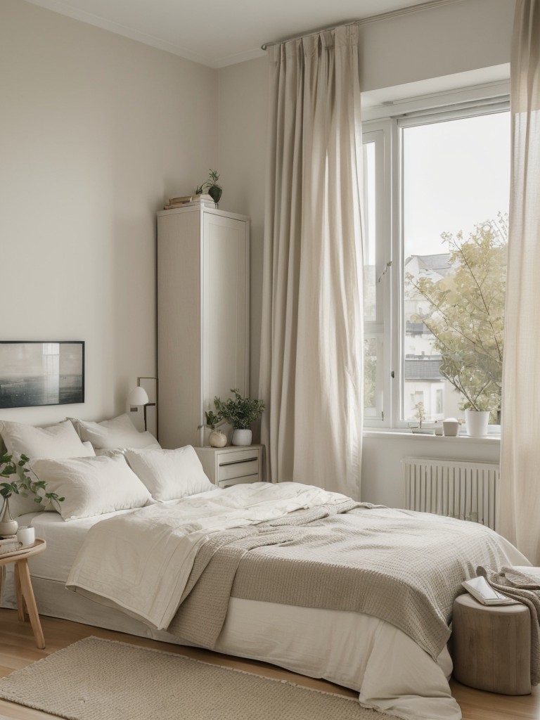 Tranquil small apartment bedroom ideas with a neutral color scheme and soothing accents for a peaceful ambiance.