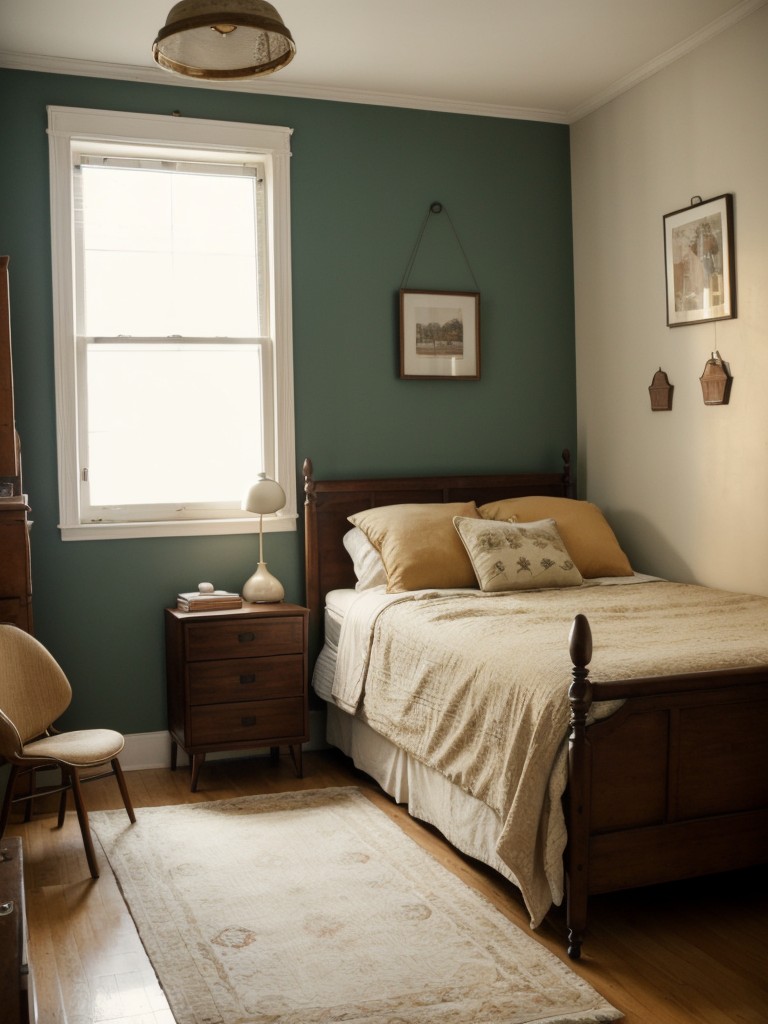Vintage-inspired small apartment bedroom ideas with retro furniture, antique decor, and nostalgic charm.