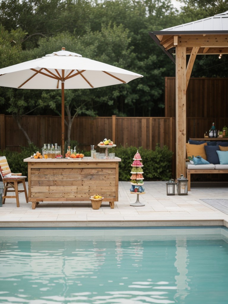 Create a poolside DIY snack bar with refreshing treats like fruit kebabs, ice cream cones, and gelato.