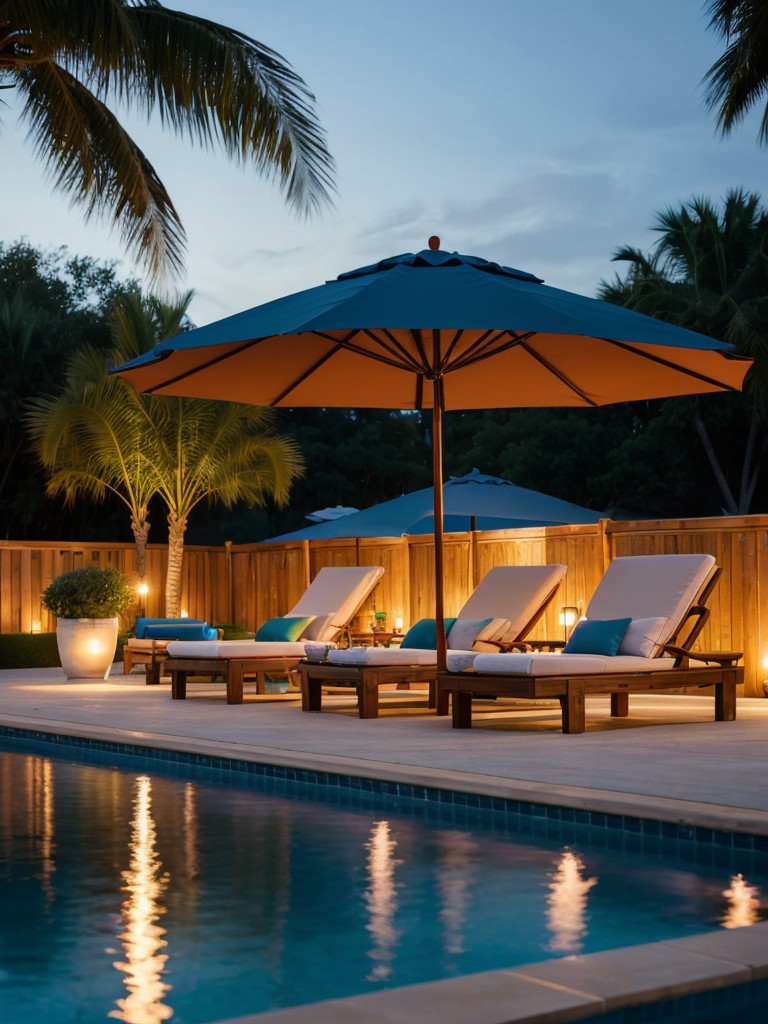 Create a poolside lounge area with cozy daybeds, colorful umbrellas, and ambient lighting for a relaxed and stylish party setting.