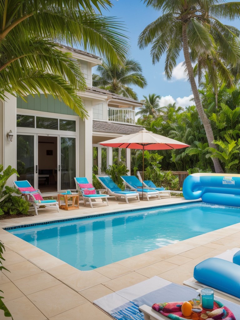 Create a tropical oasis with inflatable palm trees, pool floats, and vibrant beach towels.