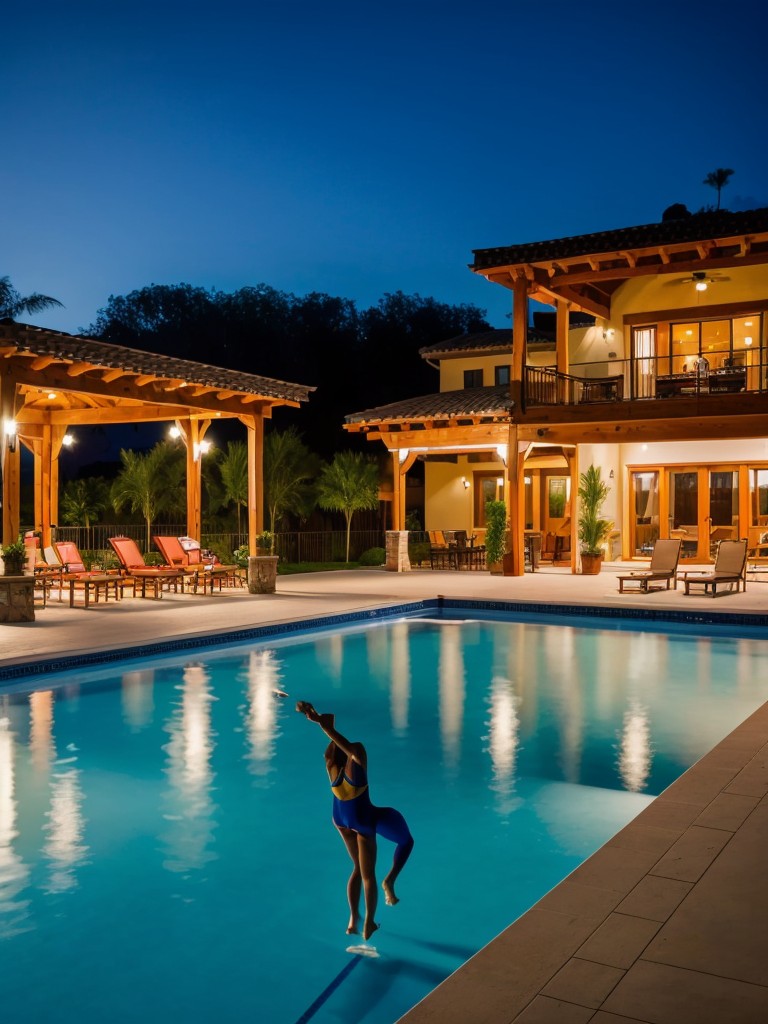 Provide poolside entertainment like live fire dancers, acrobats, or a synchronized swimming performance.