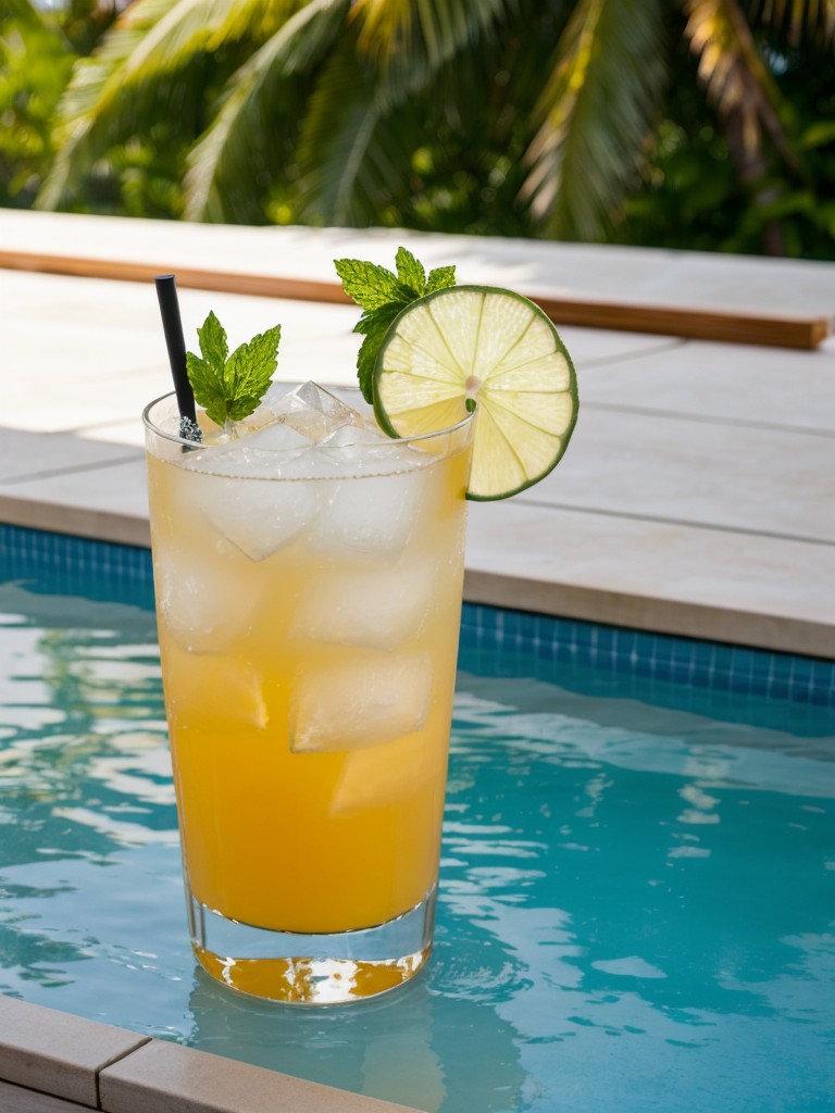 Set up a DIY poolside bar with refreshing cocktails, garnishes, and tropical-themed drinkware.