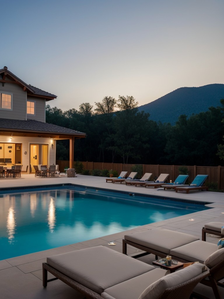 Showcase a poolside movie night with a large projection screen, cozy seating, and popcorn.