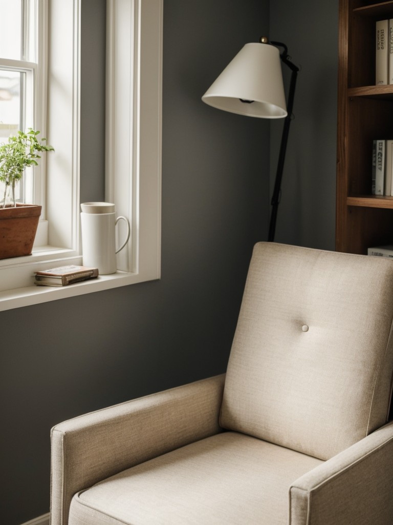 Create a cozy reading nook by utilizing a corner of the apartment with a comfortable armchair, a small side table, and adequate lighting.