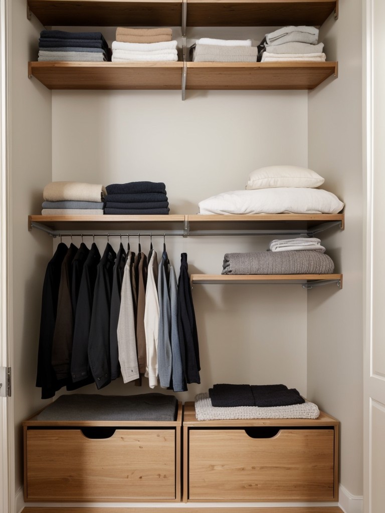 Utilize clever storage solutions like under-bed storage or floating shelves to make the most out of limited closet space in a small apartment.