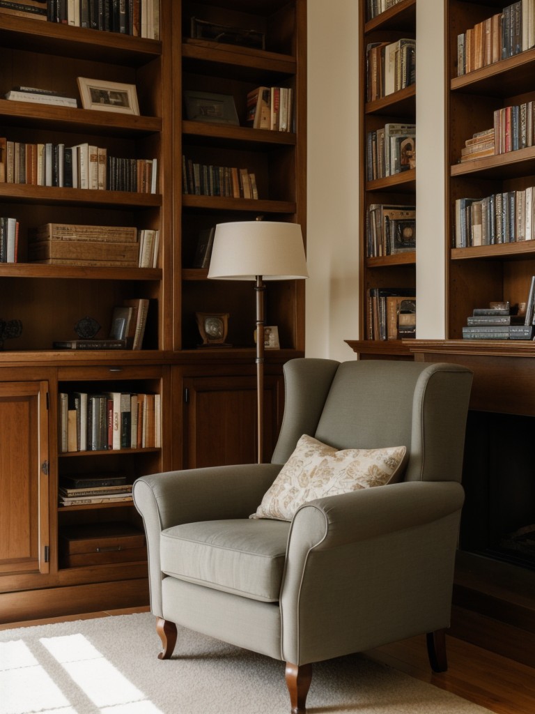 A cozy reading nook with a comfortable chair, bookshelf, and reading lamp.