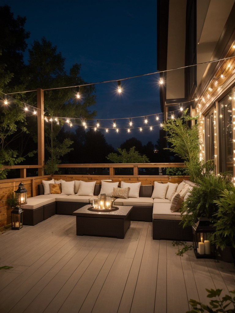 Use string lights or lanterns to illuminate outdoor spaces, such as balconies or patios, for an extension of your party area.