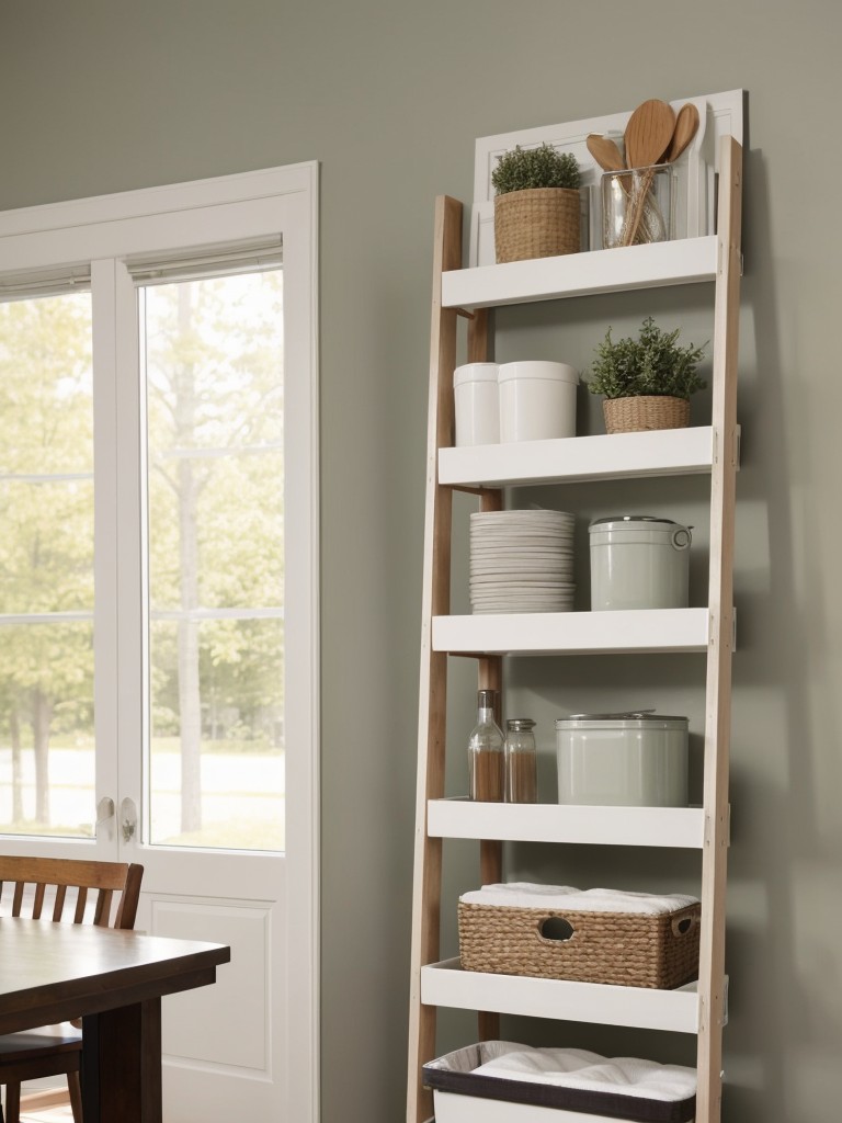 Consider utilizing a vertical storage system, like a ladder shelf or hanging organizers, to save floor space.