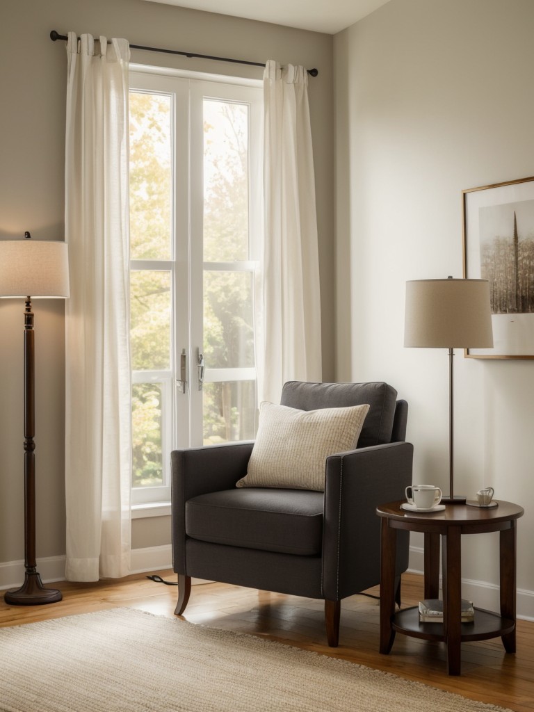 Create a small reading nook with a comfortable chair, a side table, and a floor lamp.