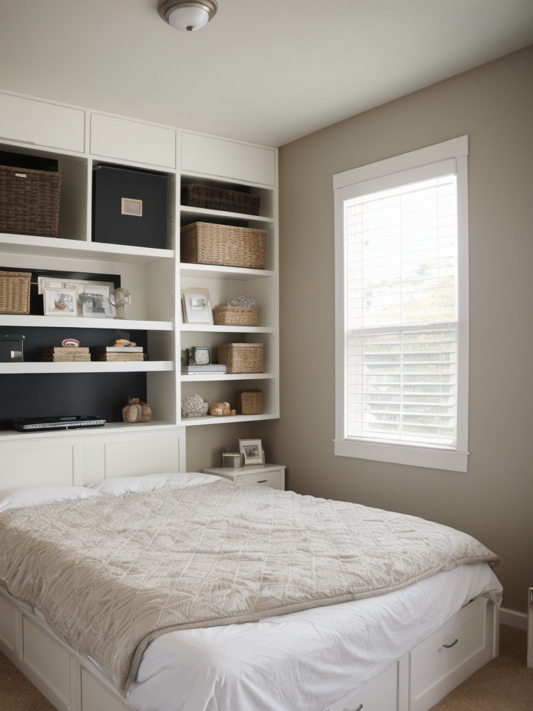 Incorporate multi-functional storage solutions, like under-bed organizers or floating shelves.