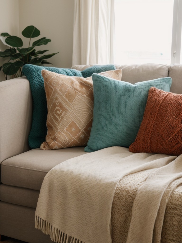 Accessorize with colorful throw pillows and blankets to add depth and warmth to your rental living room.