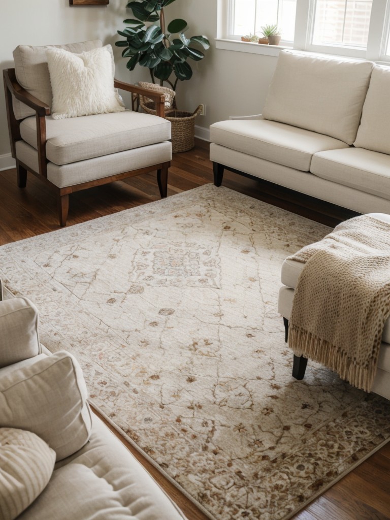 Create a cozy seating area by adding an oversized rug and floor cushions to your rental living room space.