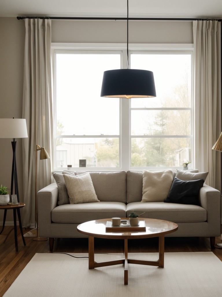 Enhance the lighting in your rental living room by adding stylish floor or table lamps, as well as string or pendant lights.