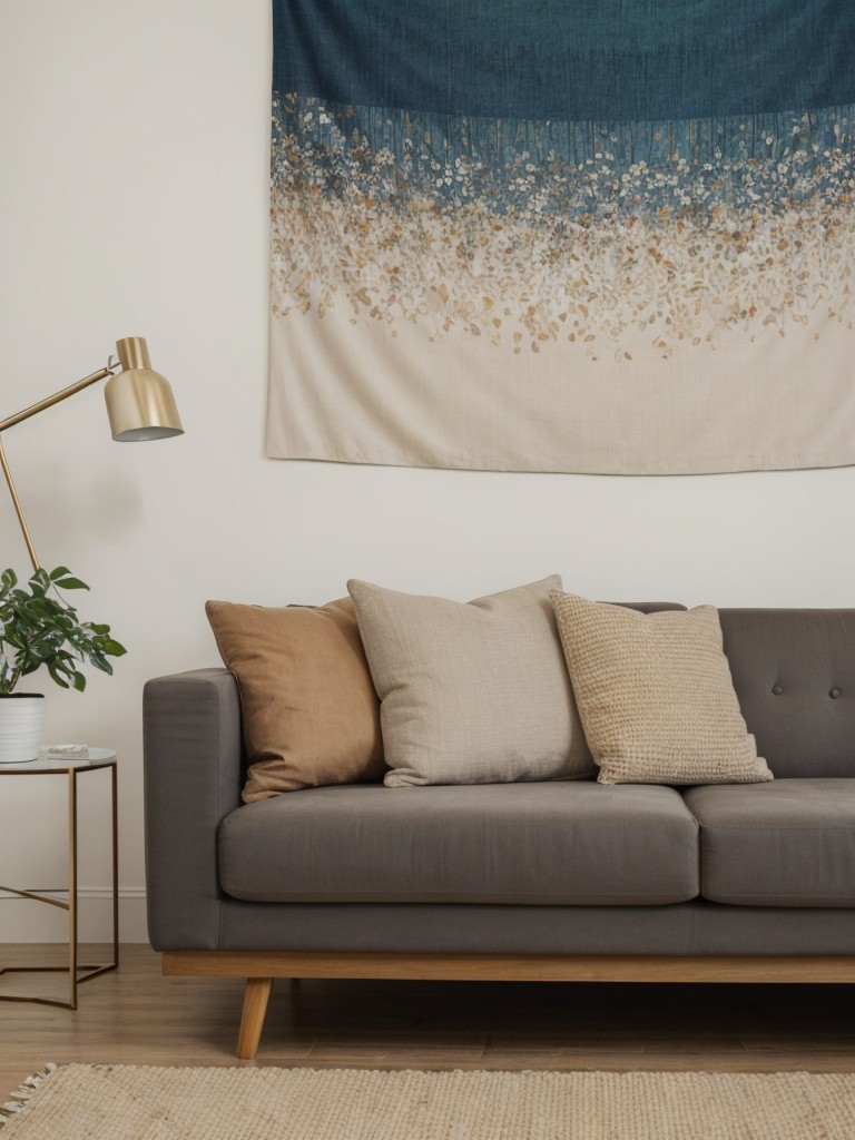 Hang a tapestry or large-scale artwork as a focal point in your rental living room to bring in texture and visual interest.