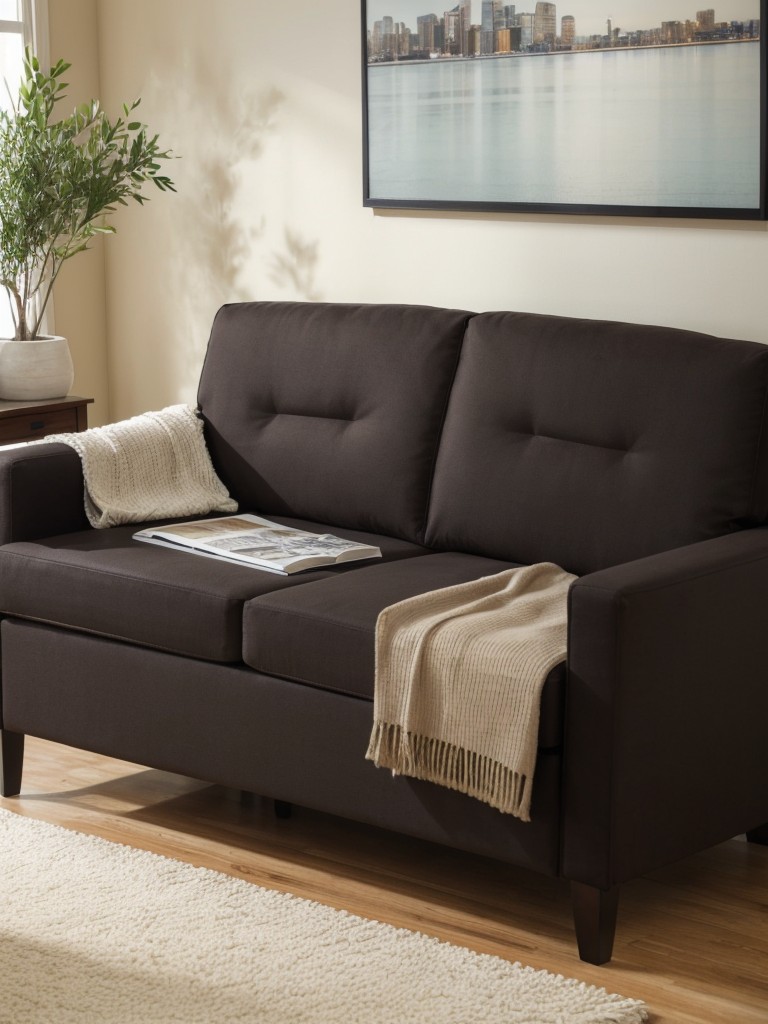 Incorporate multifunctional furniture, like a sleeper sofa or a storage ottoman, to optimize space in your rental living room.