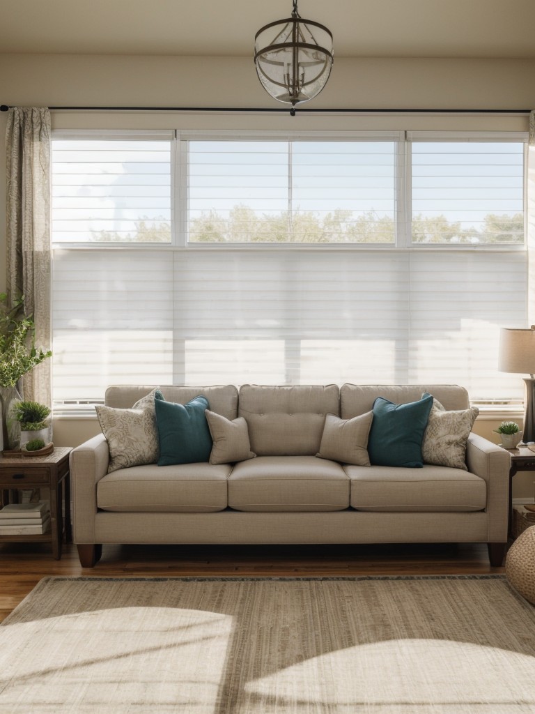 Install temporary or removable window treatments like curtains or blinds to add privacy and style to your rental living room.