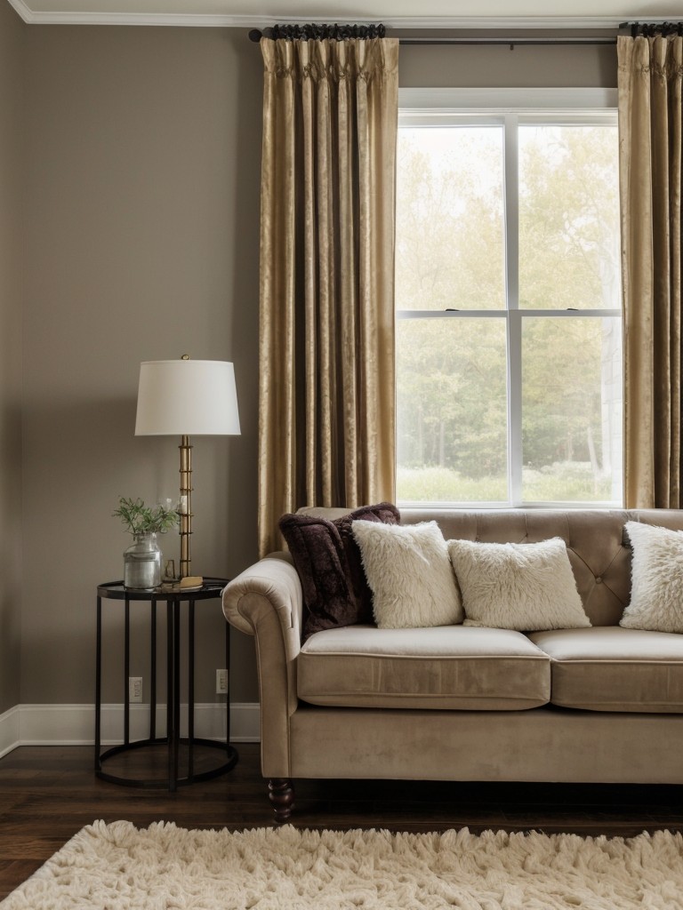 Layer different textures, such as woven baskets, velvet curtains, and faux fur rugs, to add depth and visual interest to your rental living room.