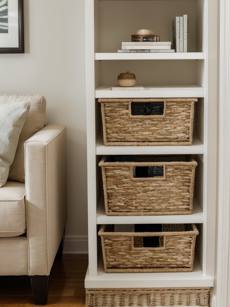 Use decorative storage boxes and baskets to conceal clutter and keep your rental living room organized.