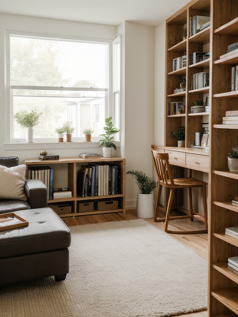 Use a room divider or bookshelf to create separate zones in your rental living room, such as a cozy reading nook or a mini home office.