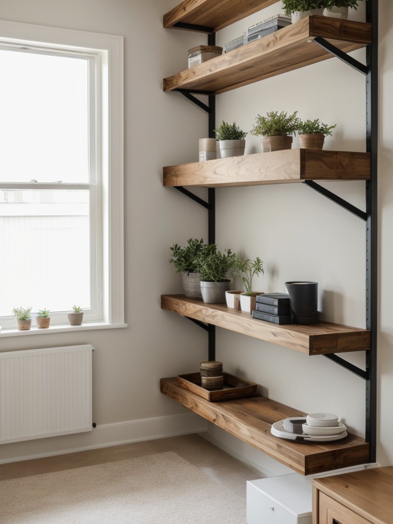 Utilize stylish and functional storage solutions like floating shelves or wall-mounted shelving units to maximize space in your rental living room.