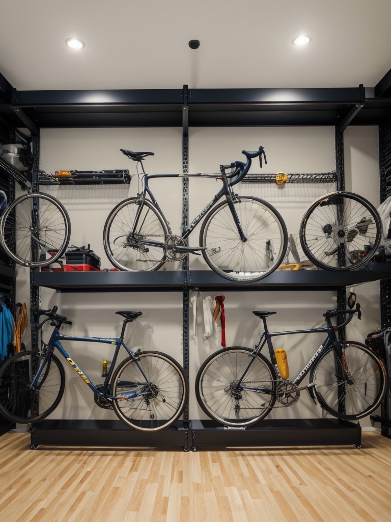 Create a bike storage room with racks, repair tools, and dedicated space for residents to store and maintain their bicycles.