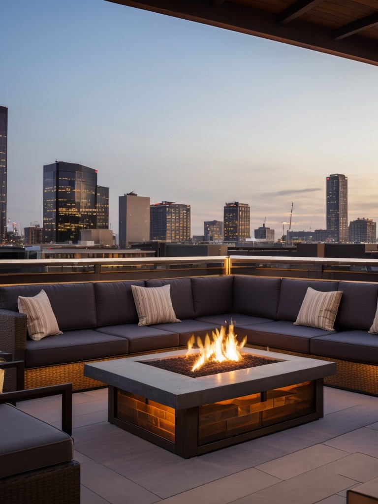 Design a rooftop lounge with panoramic city views, featuring comfortable seating, a bar area, and cozy fire pits.