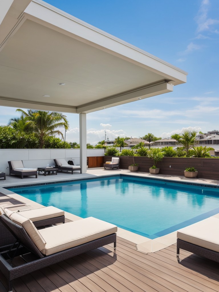 Design a rooftop pool and sun deck area with lounge chairs, cabanas, and breathtaking views, perfect for enjoying the outdoors in style.