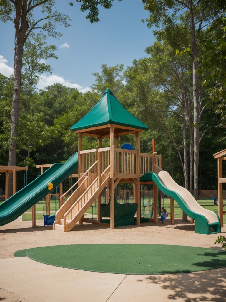 Implement a children's play area with safe and stimulating activities, including a jungle gym, slides, and interactive games.