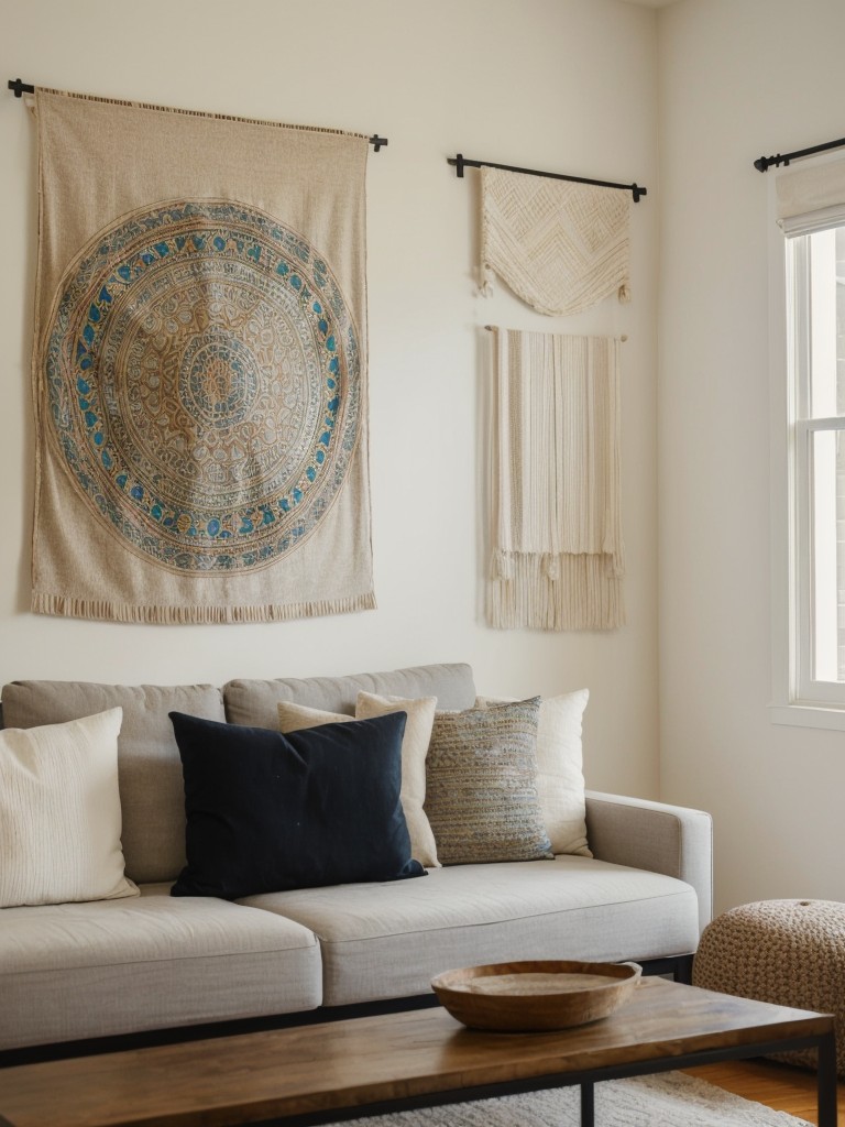 Hanging a series of decorative tapestries or fabric panels to visually divide the apartment while adding texture and color.