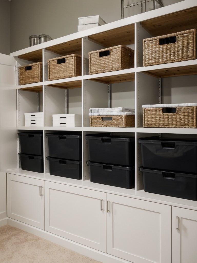 Implementing a built-in storage unit with open shelving on both sides to create separation while maximizing storage opportunities.