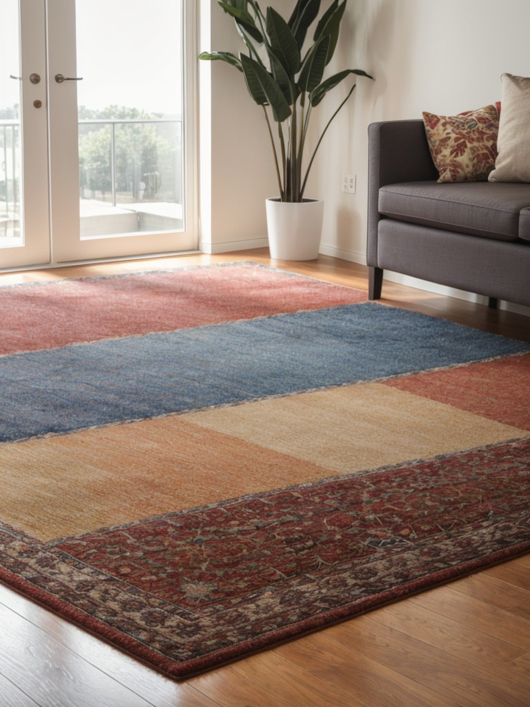 Using a large, colorful rug or floor mat to visually separate different areas of the apartment.