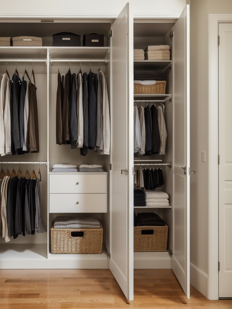 Utilizing a freestanding wardrobe or closet unit as a room divider while providing additional storage space.