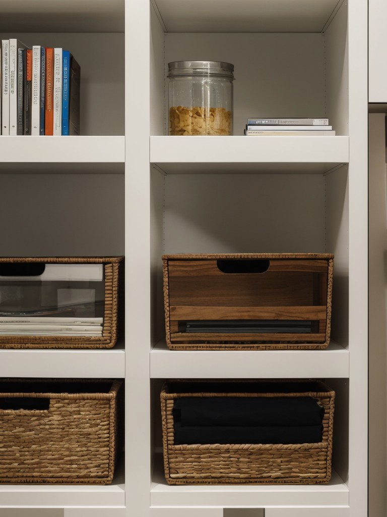 Utilizing a modular shelving system with customizable compartments that can be used as both storage and room dividers.