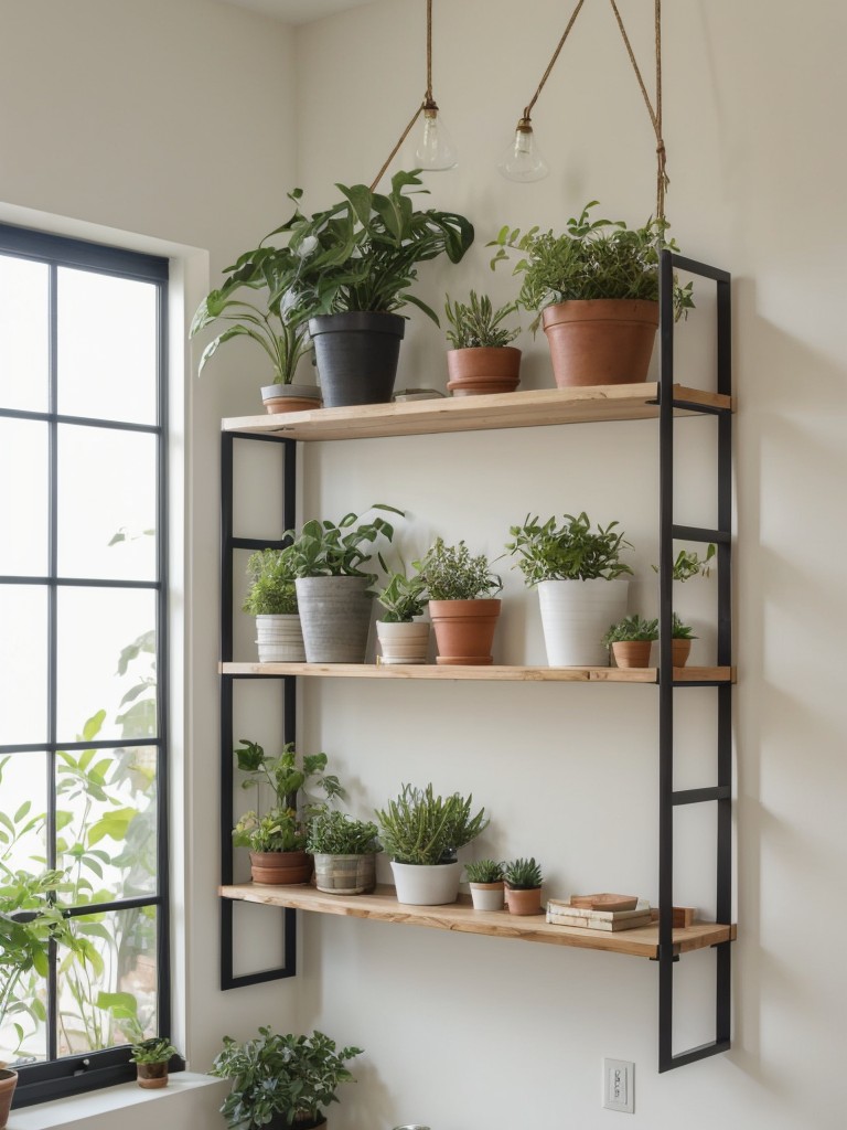 Hang a combination of floating shelves and plants to create both a physical and visual divider in the studio.