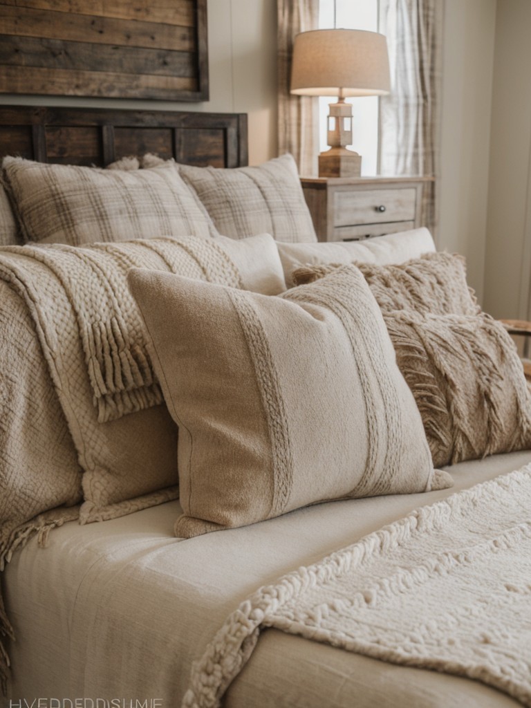Achieve a rustic look by adding cozy textiles such as plaid throw blankets, faux fur pillows, and a neutral-toned area rug.