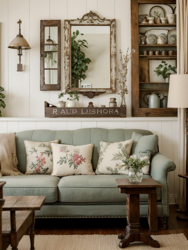 Add a touch of whimsy by incorporating vintage signs, botanical prints, or antique mirrors into your rustic apartment living room décor.