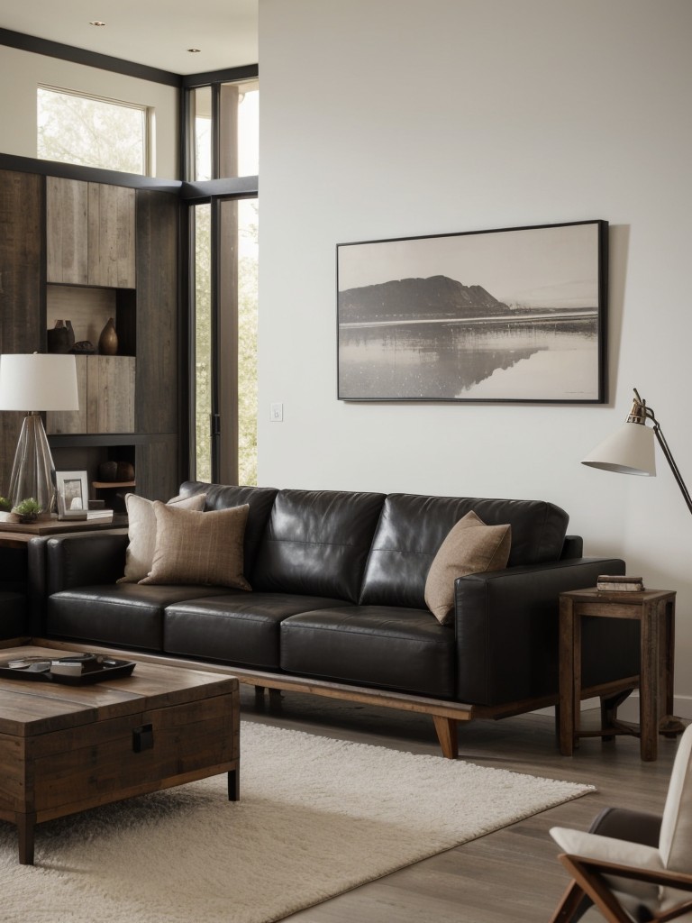Balance rustic elements with more contemporary pieces, such as a sleek black leather sofa or a minimalist coffee table, for a modern twist.