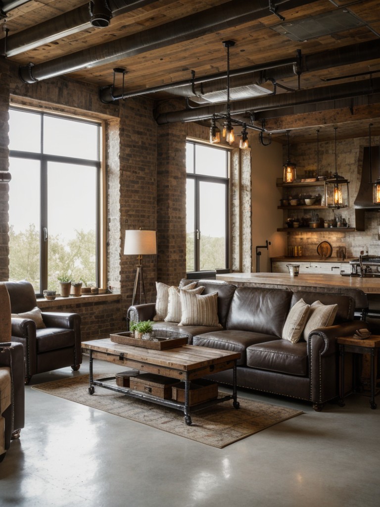 Blend rustic and industrial styles by incorporating metal accents, exposed pipes, and vintage-inspired fixtures into your living room design.