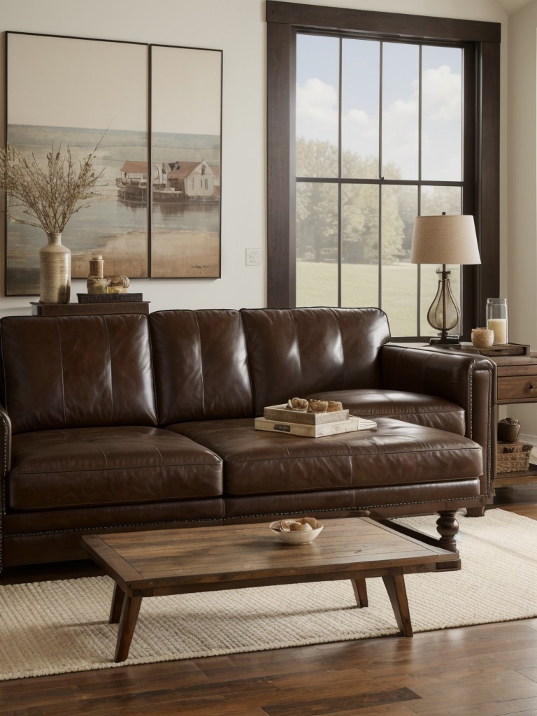 Create a focal point in your living room by installing a statement piece, such as a large farmhouse-style coffee table or a vintage-inspired leather sofa.