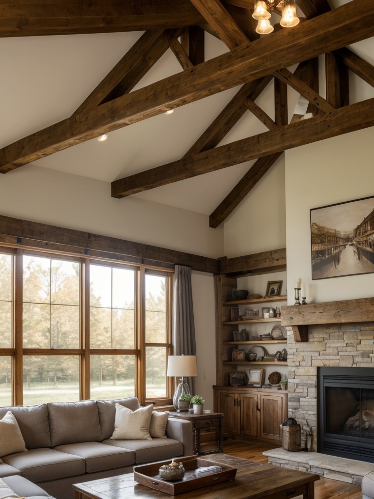 Embrace the beauty of exposed wood beams on your ceiling or install faux beams to create a dramatic focal point in your living room design.