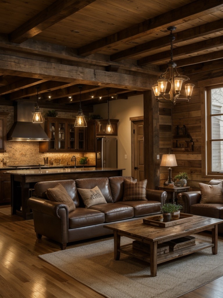 Enhance the warmth of your rustic apartment living room with the use of warm lighting options like Edison bulbs or antique-inspired fixtures.