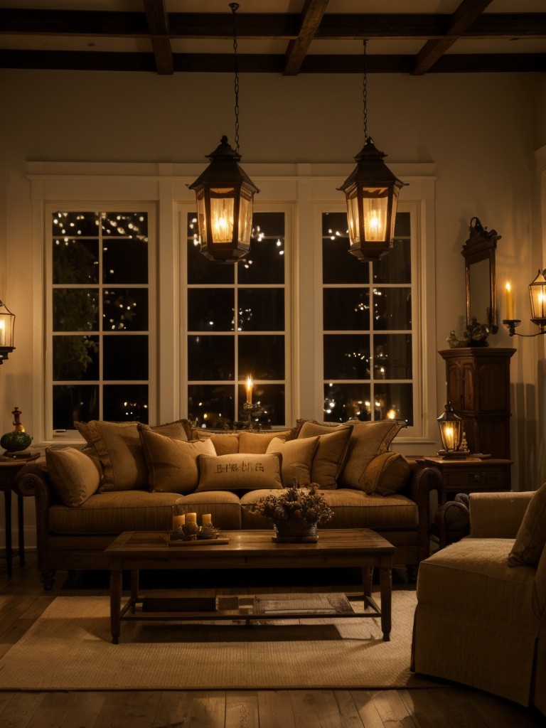 Illuminate your living room with a flickering candle display or a cluster of antique lanterns to create a warm and inviting ambiance.