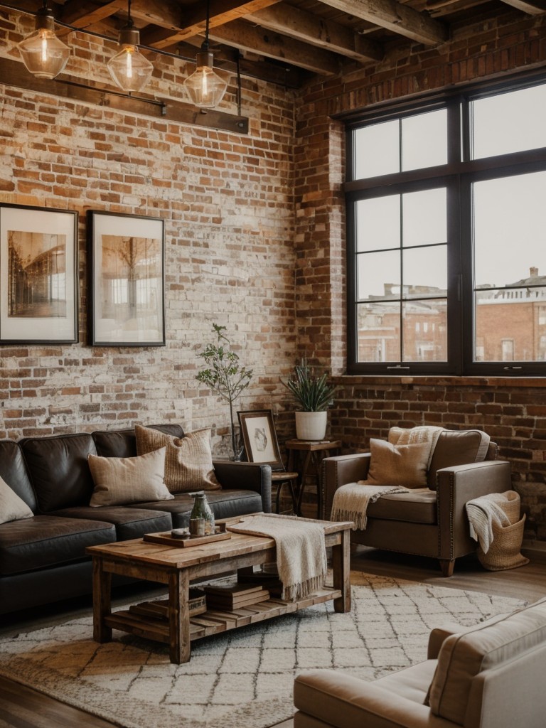 Incorporate natural elements like exposed brick walls, distressed wooden beams, and vintage-style lighting to create a rustic ambiance in your apartment living room.