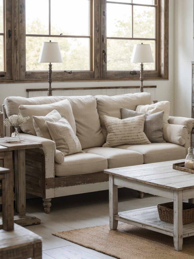 Opt for distressed or whitewashed furniture finishes to enhance the rustic aesthetic of your apartment living room.