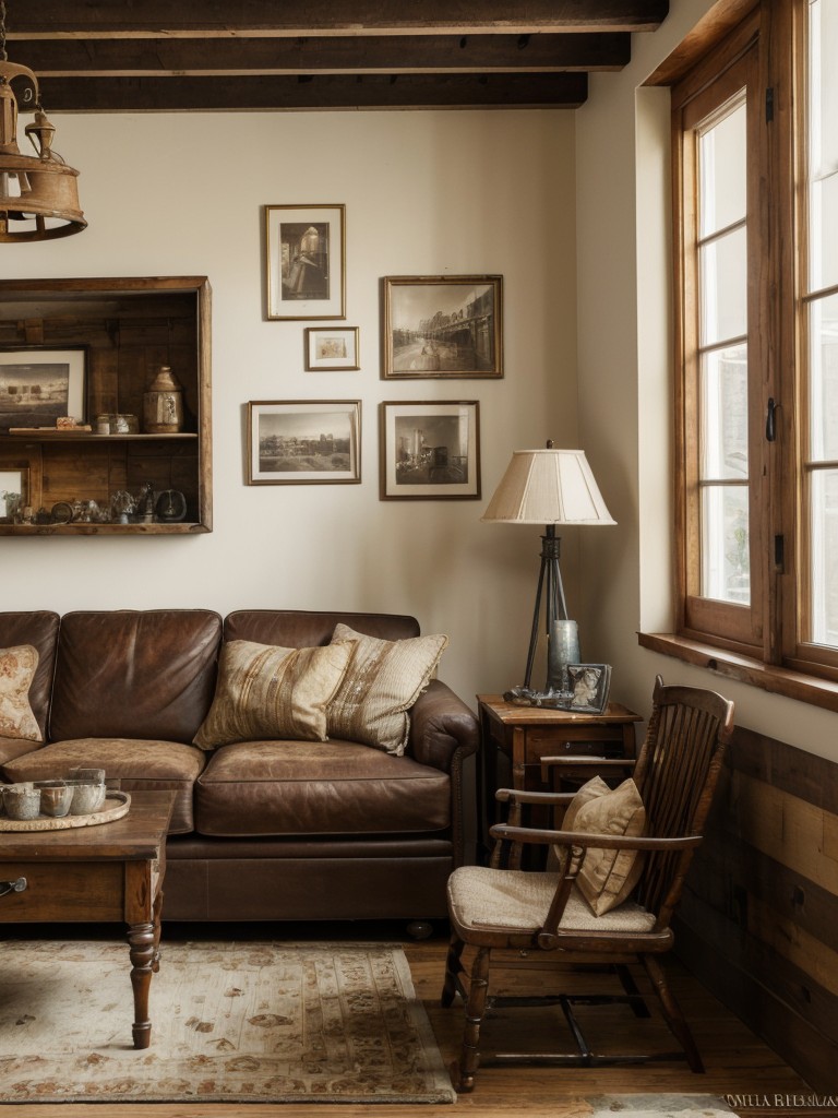 Personalize your rustic apartment living room with family heirlooms, vintage photographs, or antique collectibles to create a space that tells a story.