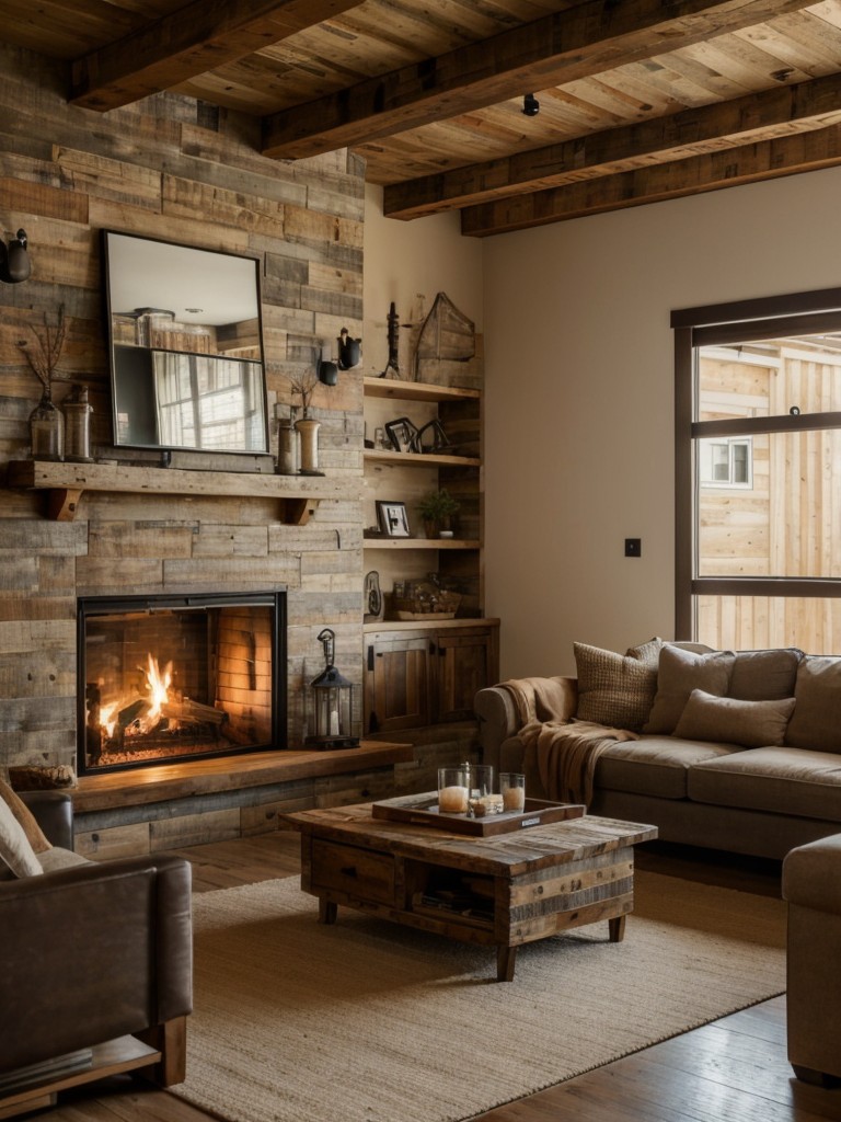 Rustic apartment living room ideas featuring reclaimed wood furniture, cozy fireplace, and earth-toned color palette.