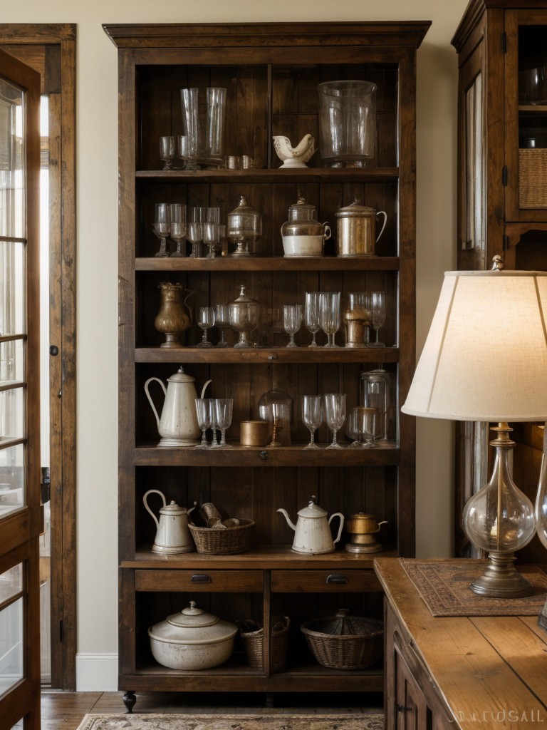Utilize open shelving to display your collection of antique books, vintage glassware, and decorative items that evoke a rustic atmosphere.